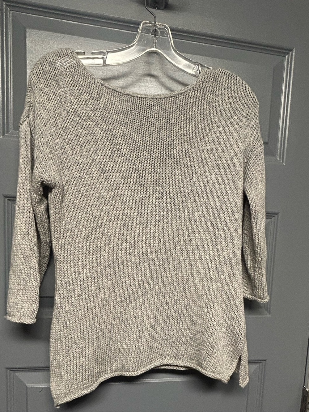 PURE HANDKNIT Gray/cream cotton 3/4 sleeve tunic style sweater. Size small
